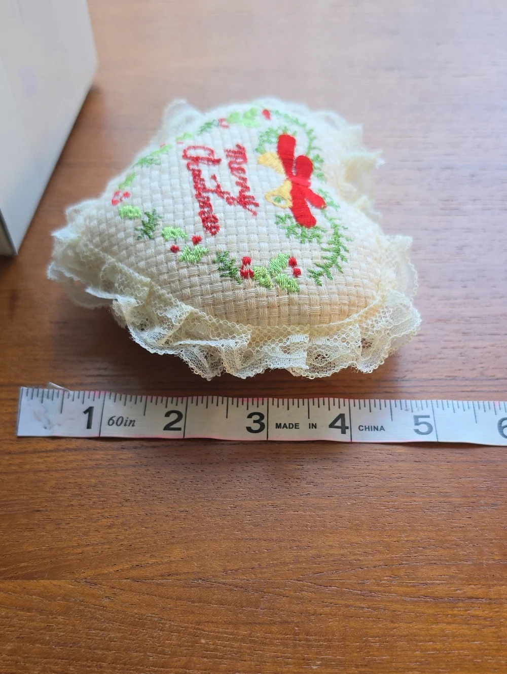 Vintaged Christmas Embroidered and Lace Heart Ornament - Handmade